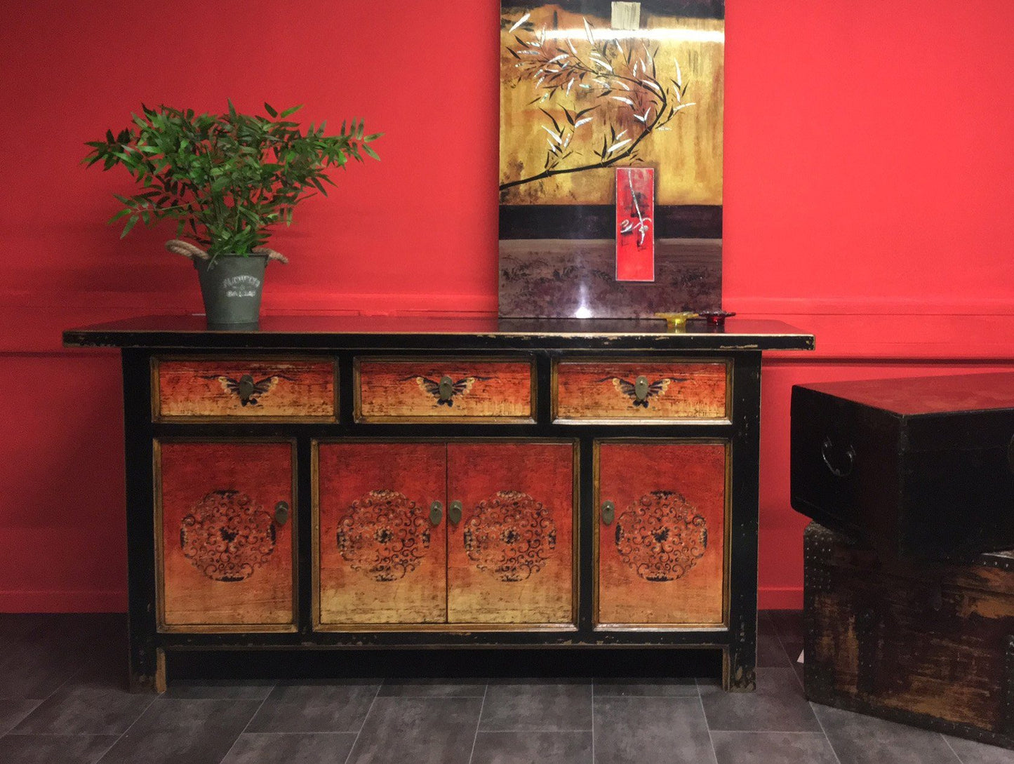 Vintage Asia Oriental Chest of Drawers Sideboard Cabinet "Fire" - Art. 34372-2