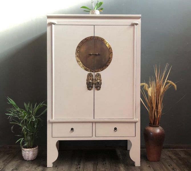 Vintage Asia Möbelkombination Schrank und Rundregal Beigegrau - Art. A502_A344_beigegrey