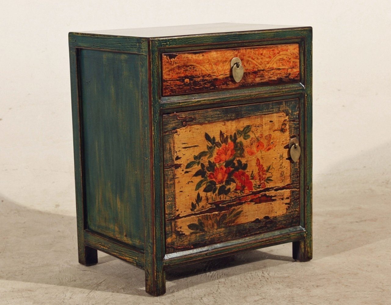 Vintage Asia Chinesisches Nachtkästchen Nachttisch Grün Beige - Art. 35191-3