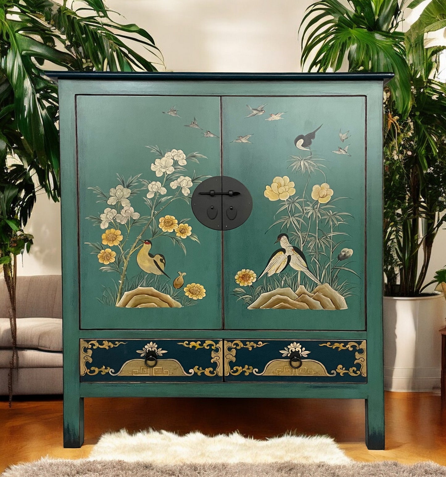 Vintage Asia Exotisches Highboard Schrank Grün Blau - Art. 2025-1