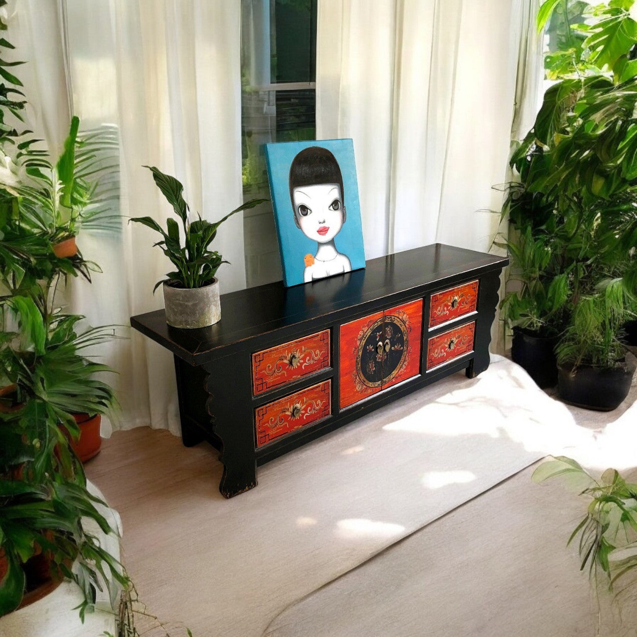 Vintage Asia Asian Lowboard Chest of Drawers Bench "Coalflowers" - Art. 35208-6