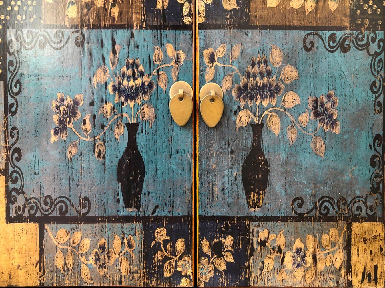 Vintage Asia Asiatische Kommode Sideboard Blau "Oceanflowers" - Art. 34740-5