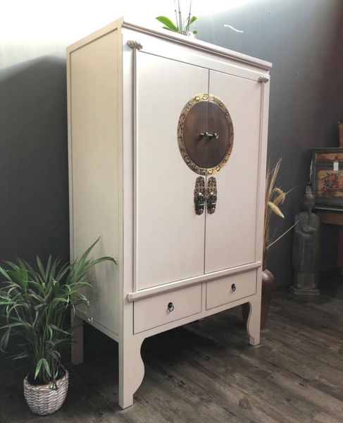 Vintage Asia Möbelkombination Schrank und Rundregal Beigegrau - Art. A502_A344_beigegrey
