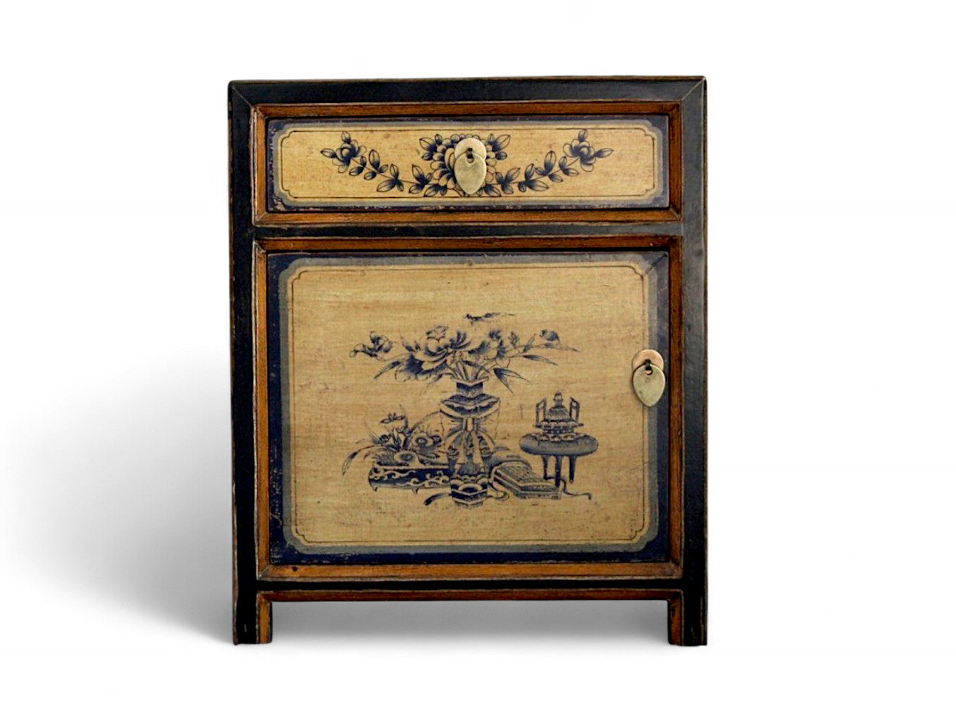 Vintage Asia Chinesisches Nachtkästchen Nachttisch Schwarz-Beige - Art. 35191-1