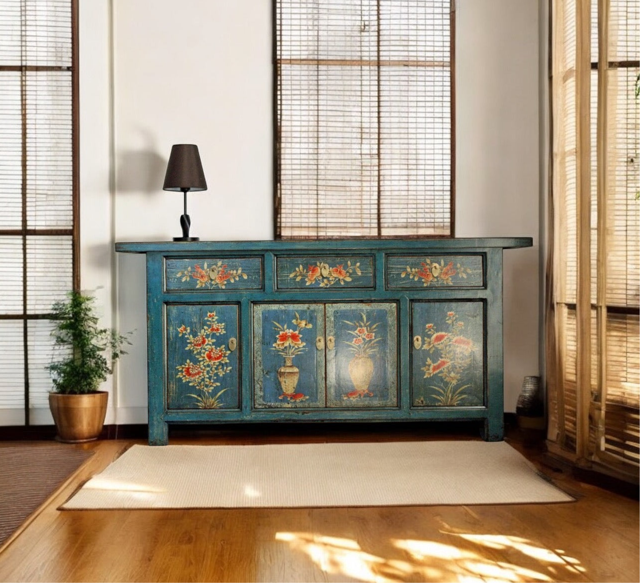 Vintage Asia Oriental Chest of Drawers Sideboard Cabinet Blue-Orange - Art. 34372-1