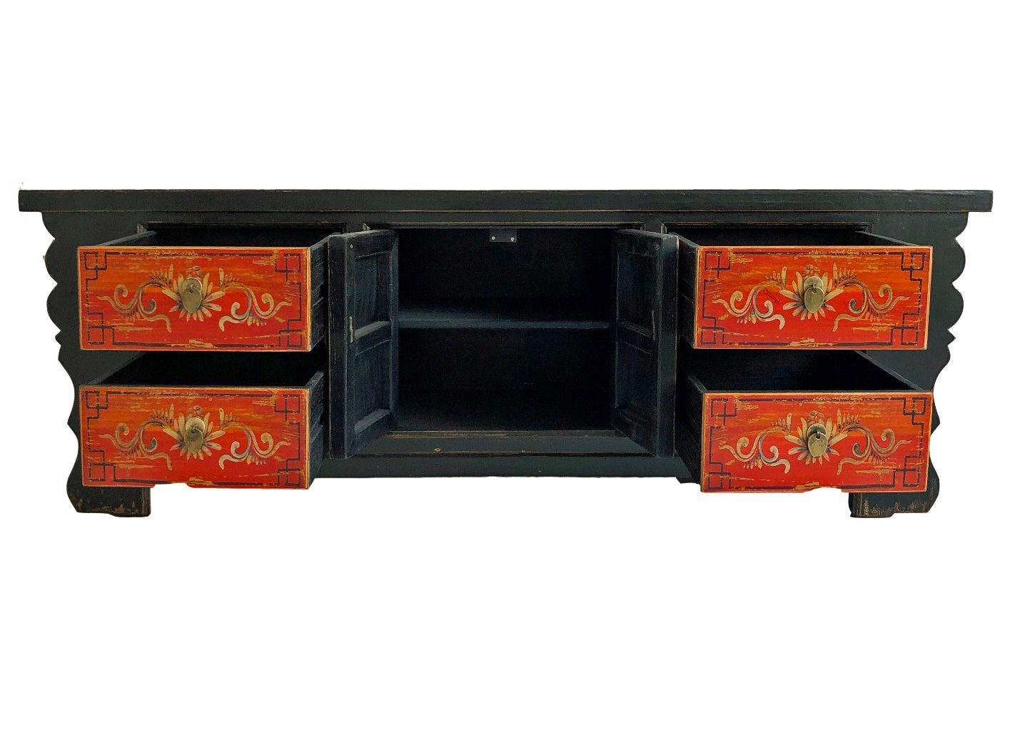 Vintage Asia Asian Lowboard Chest of Drawers Bench "Coalflowers" - Art. 35208-6