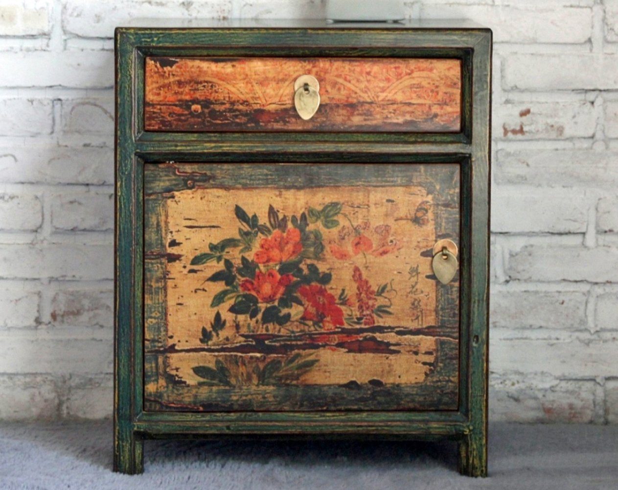Vintage Asia Chinesisches Nachtkästchen Nachttisch Grün Beige - Art. 35191-3