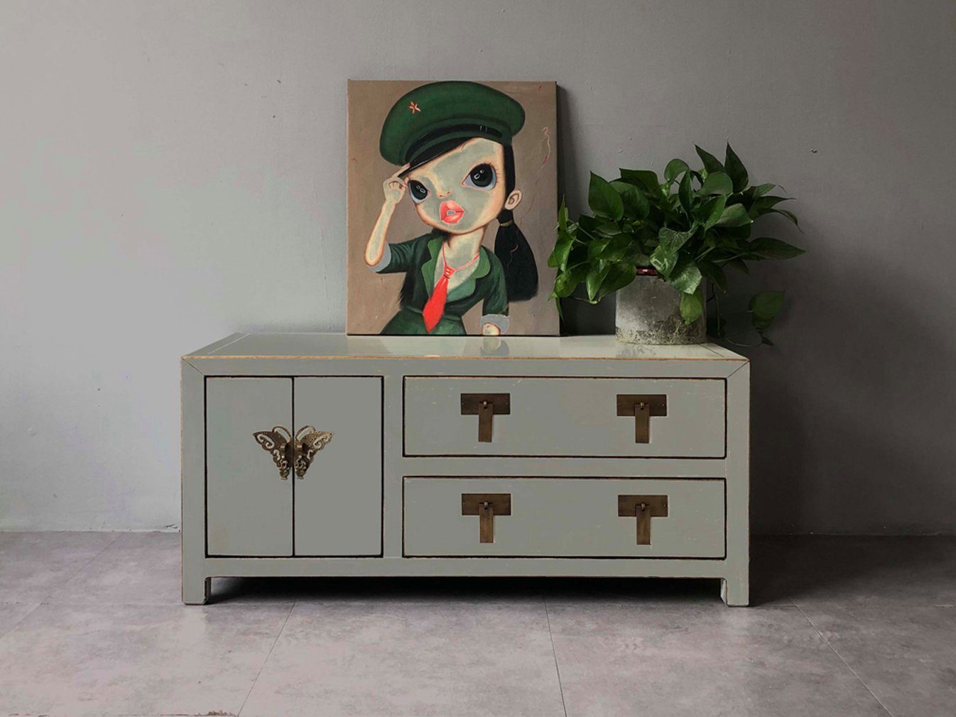 Vintage Asia TV-Kommode Sideboard Lowboard Hellgrau - Art. TV273/lightgrey