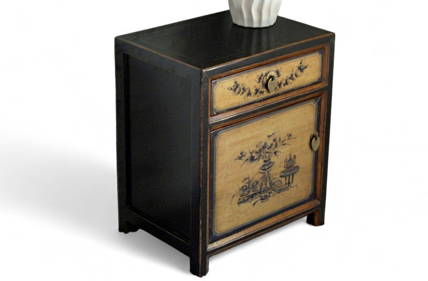 Vintage Asia Chinesisches Nachtkästchen Nachttisch Schwarz-Beige - Art. 35191-1
