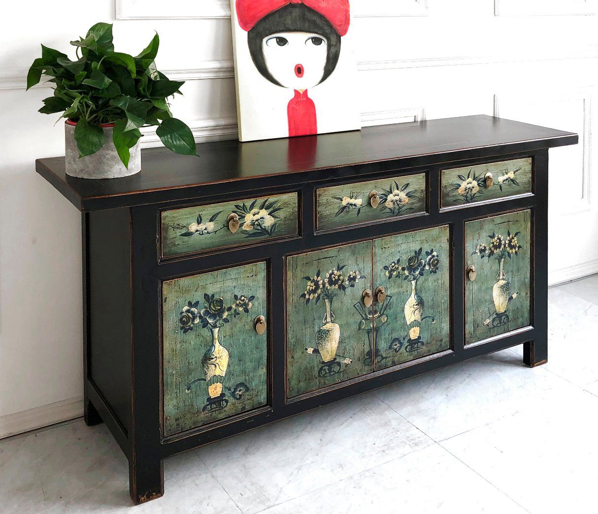 Vintage Asia Orientalische Kommode Sideboard Schrank Minzgrün - Art. 34372-6