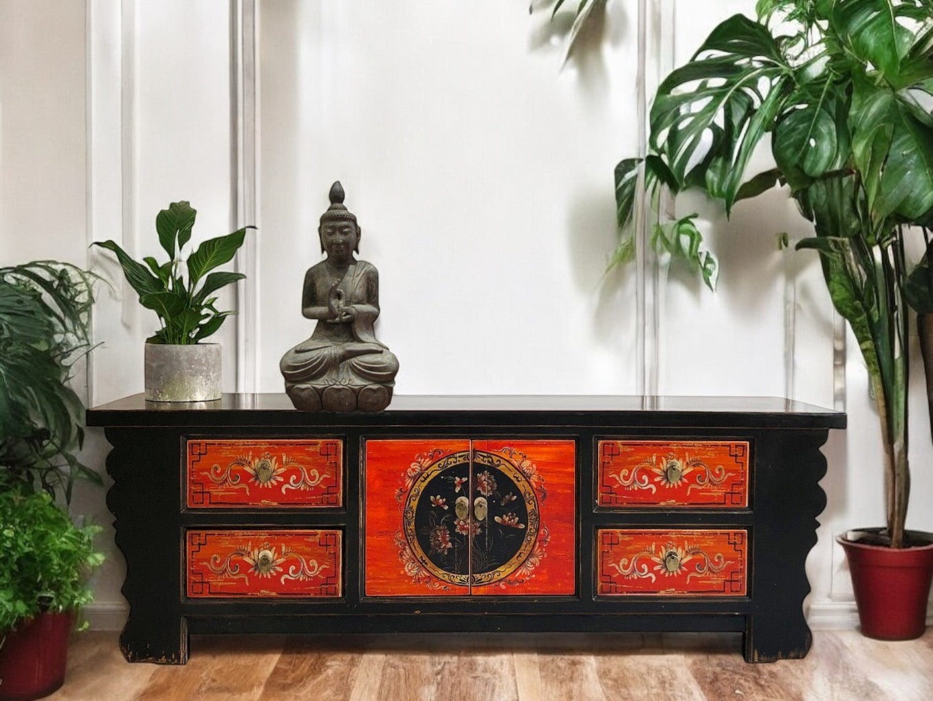 Vintage Asia Asian Lowboard Chest of Drawers Bench "Coalflowers" - Art. 35208-6