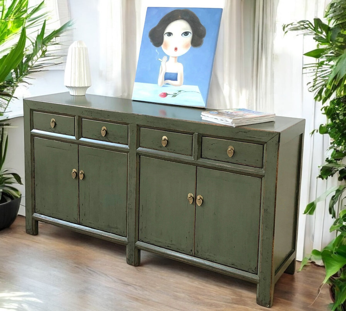 Vintage Asia Chinesisches Sideboard Kommode Schrank Oliv-Grau - Art. 31196-olivegrey
