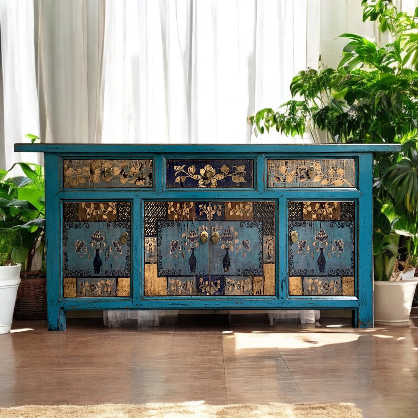 Vintage Asia Oriental Chest of Drawers Sideboard Cabinet "Oceanflowers" - Art. 34372-4