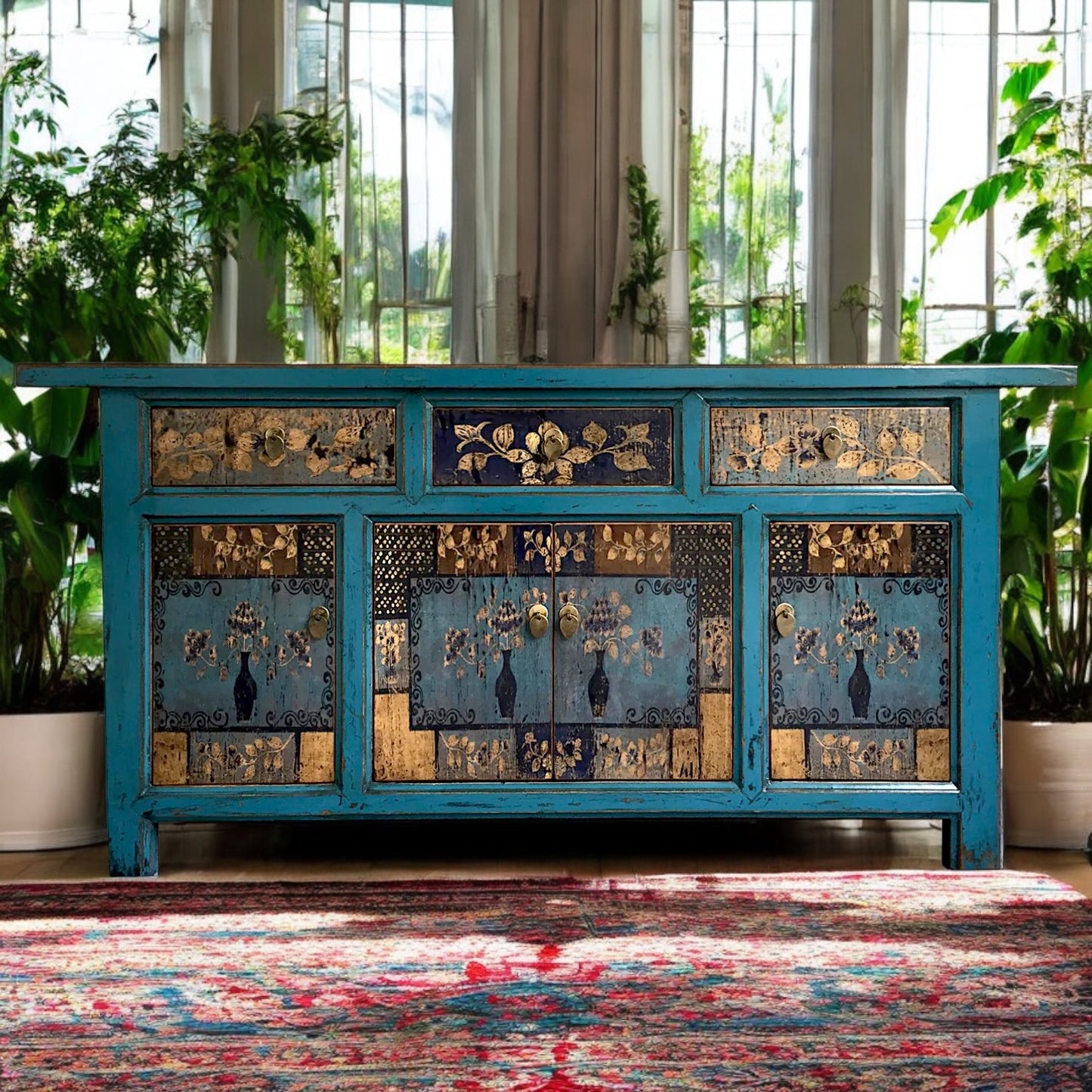 Vintage Asia Oriental Chest of Drawers Sideboard Cabinet "Oceanflowers" - Art. 34372-4
