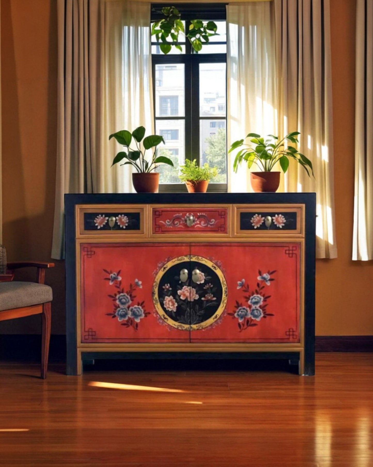 Vintage Asia Chinese Chest of Drawers Sideboard Shelf "Coalflowers" - Art. 33082-4