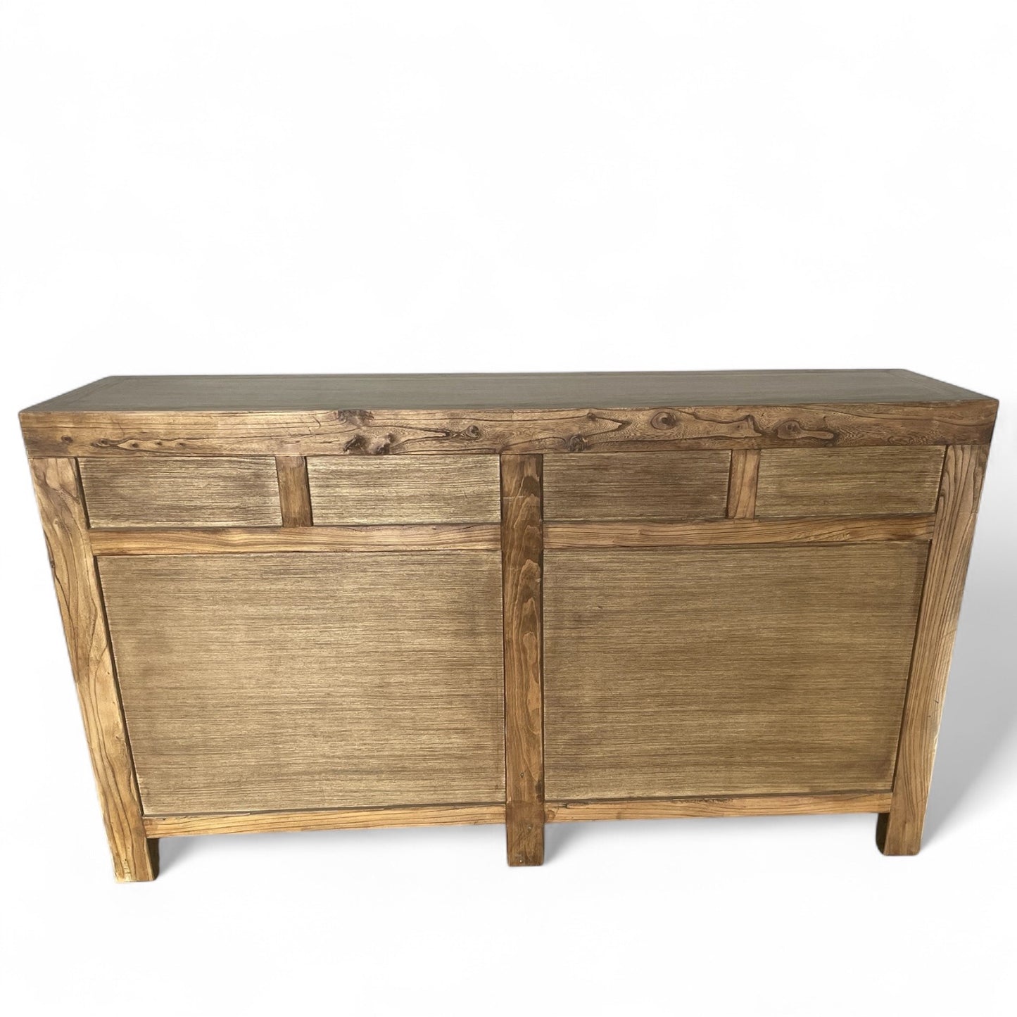 Rückseite einer Holzkommode aus naturbelassenem Holz mit schlichter Rahmenkonstruktion und sichtbarer Maserung.