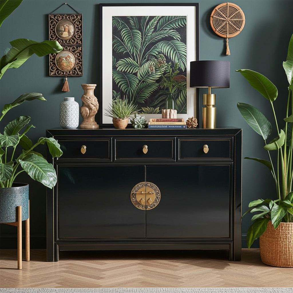 Vintage Asia Chinesische Kommode Sideboard Regal Schwarz - Art. 33083-Black