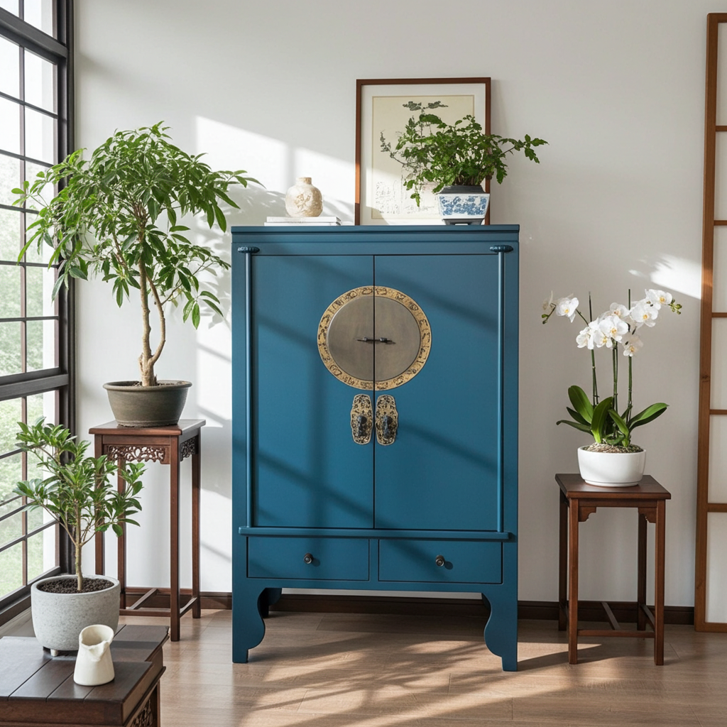 Vintage Asia Chinesischer Schrank Hochzeitsschrank Stahlblau - Art. A502/steelblue