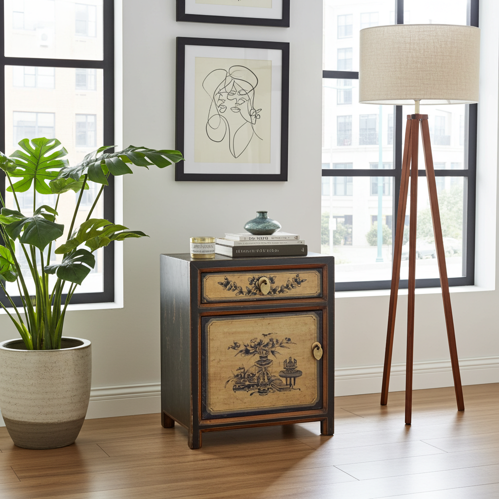 Vintage Asia Chinese Bedside Table Black-Beige - Art. 35191-1