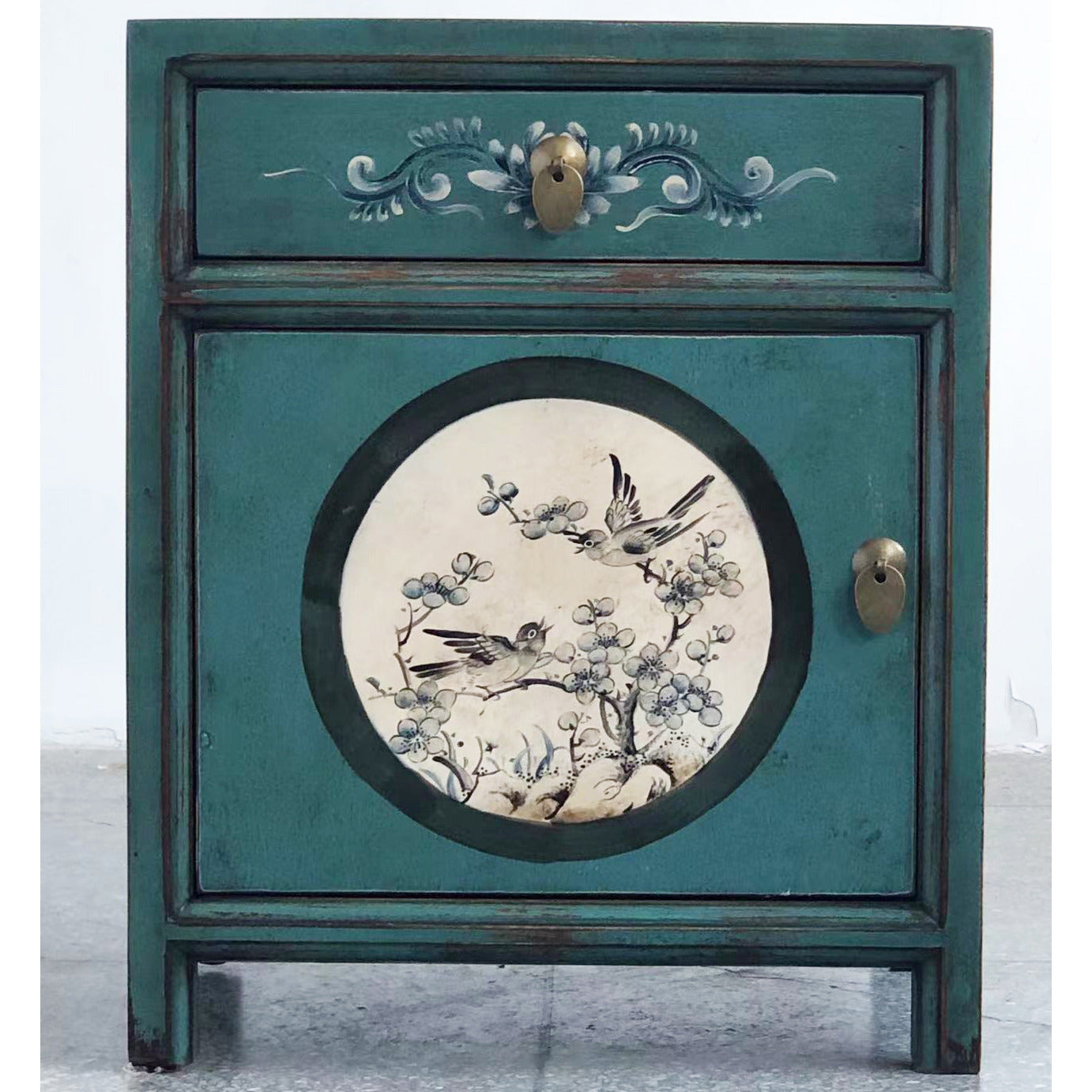 VintageAsia Chinesisches Nachtkästchen Grün-Beige Sideboard Lowboard Orientalisch Nachttisch Kästchen