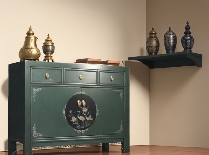 Vintage Asia Chinese Chest of Drawers Sideboard Shelf Fir Green - Art. 33082-3