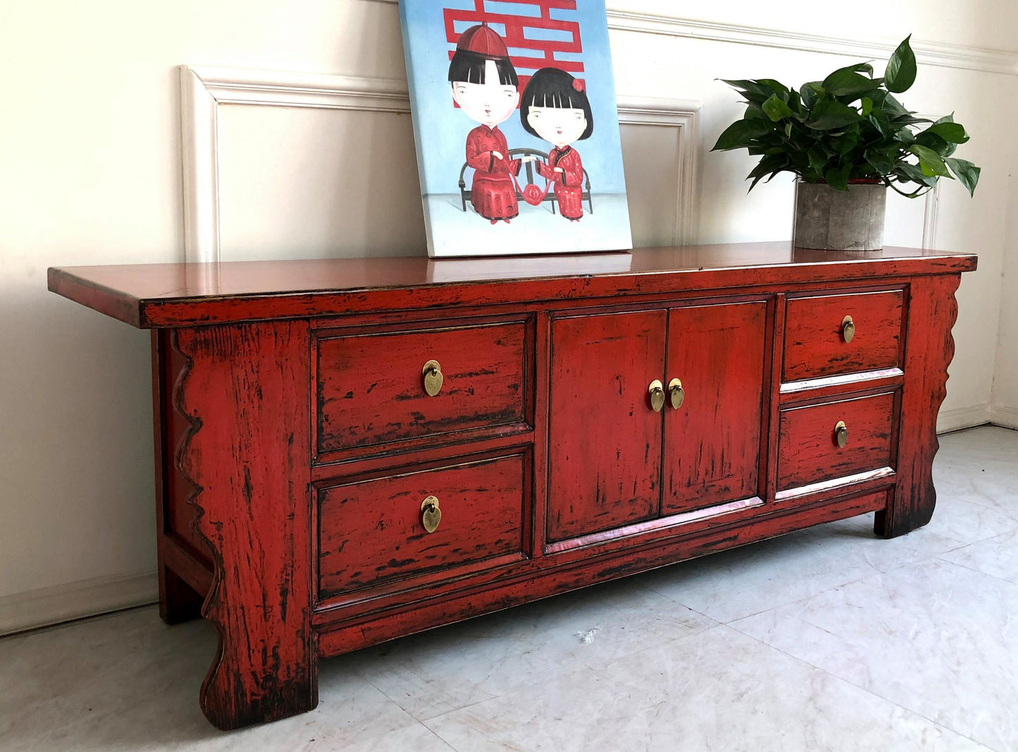 Vintage Asia Asiatisches Lowboard Kommode Bank Rot - Art. 35208-3