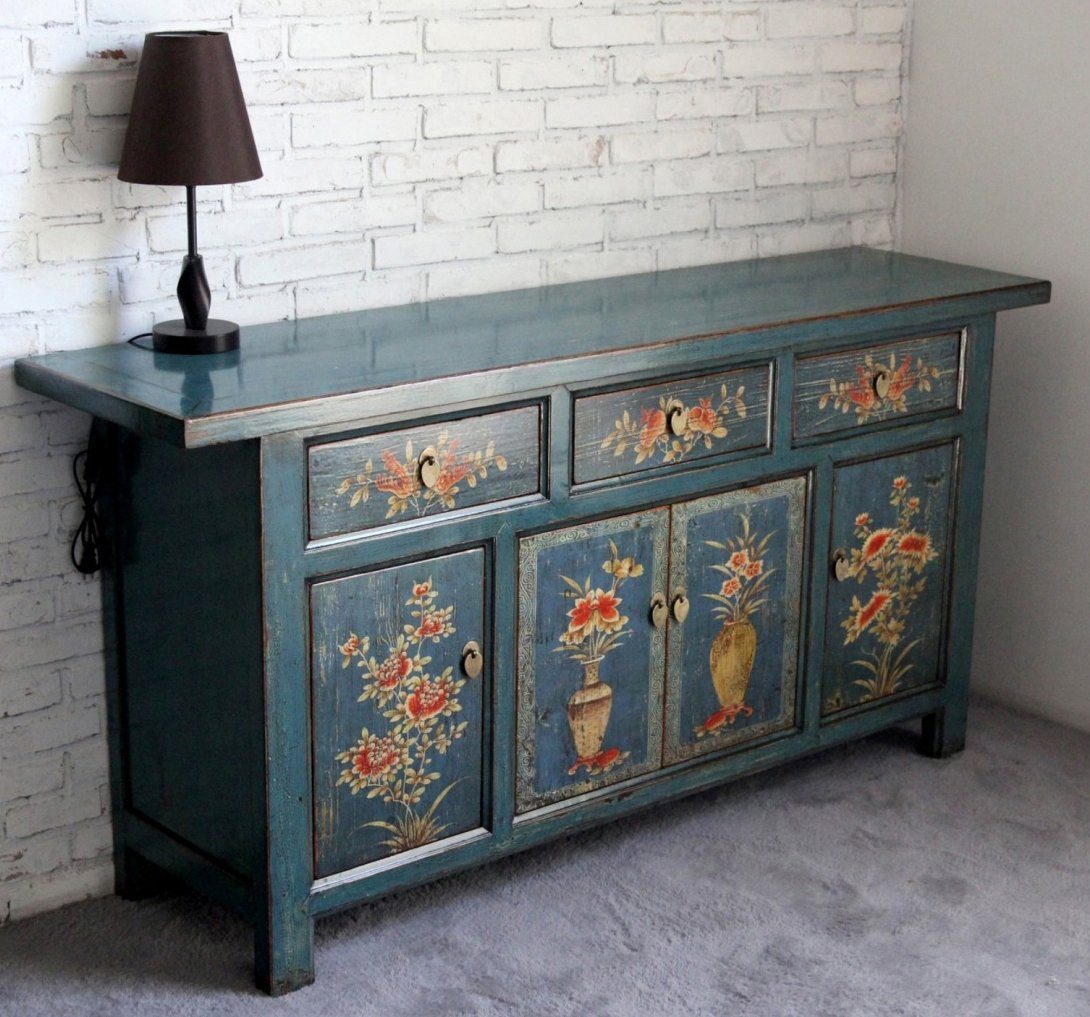 Vintage Asia Oriental Chest of Drawers Sideboard Cabinet Blue-Orange - Art. 34372-1