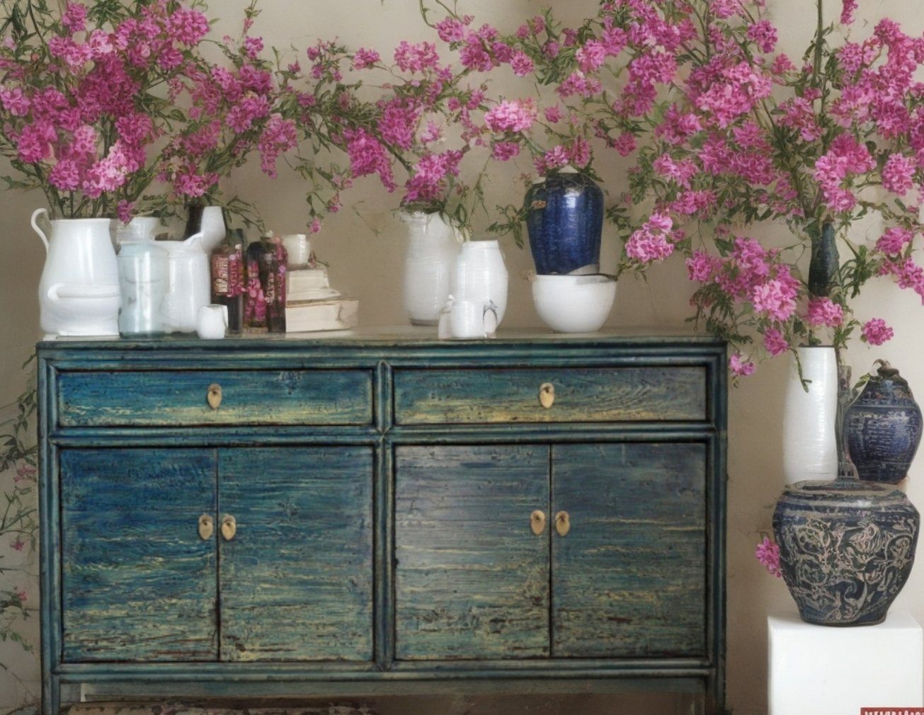 Vintage Asia Exotic Chest of Drawers Sideboard Blue - Art. 35169-midblue