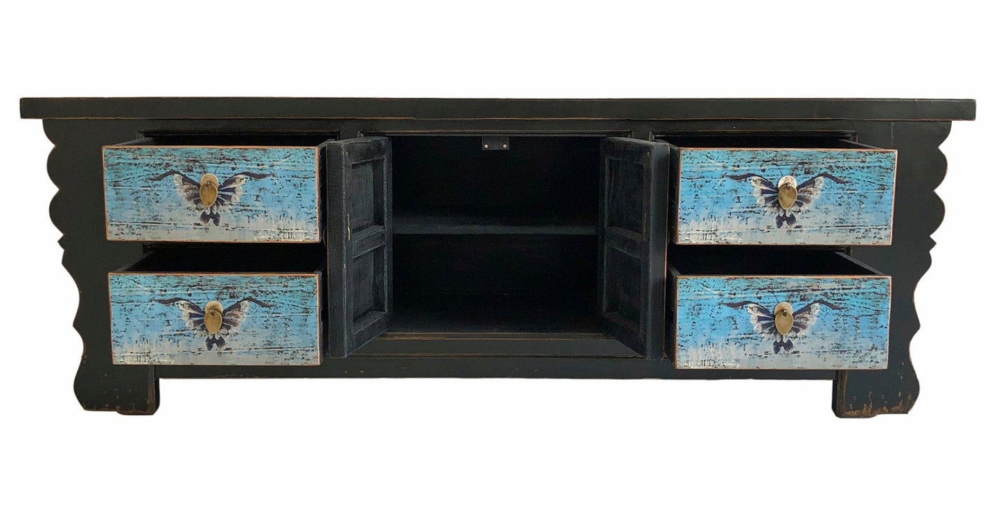 Vintage Asia Asian Lowboard Chest of Drawers Bench Turquoise-Black - Art. 35208-5