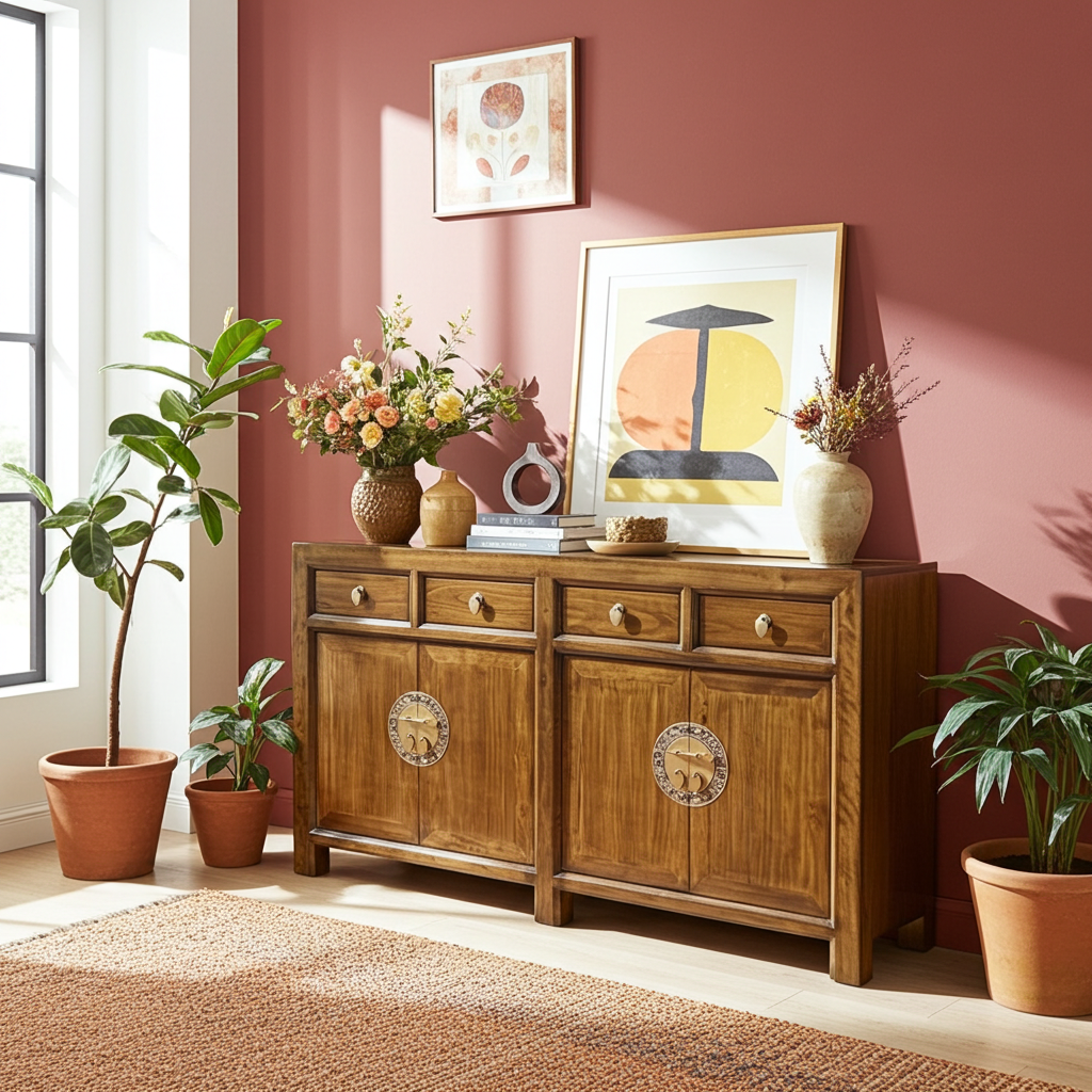 Vintage Asia Chinesisches Sideboard Kommode Schrank Rot - Art. 31196-Maroon