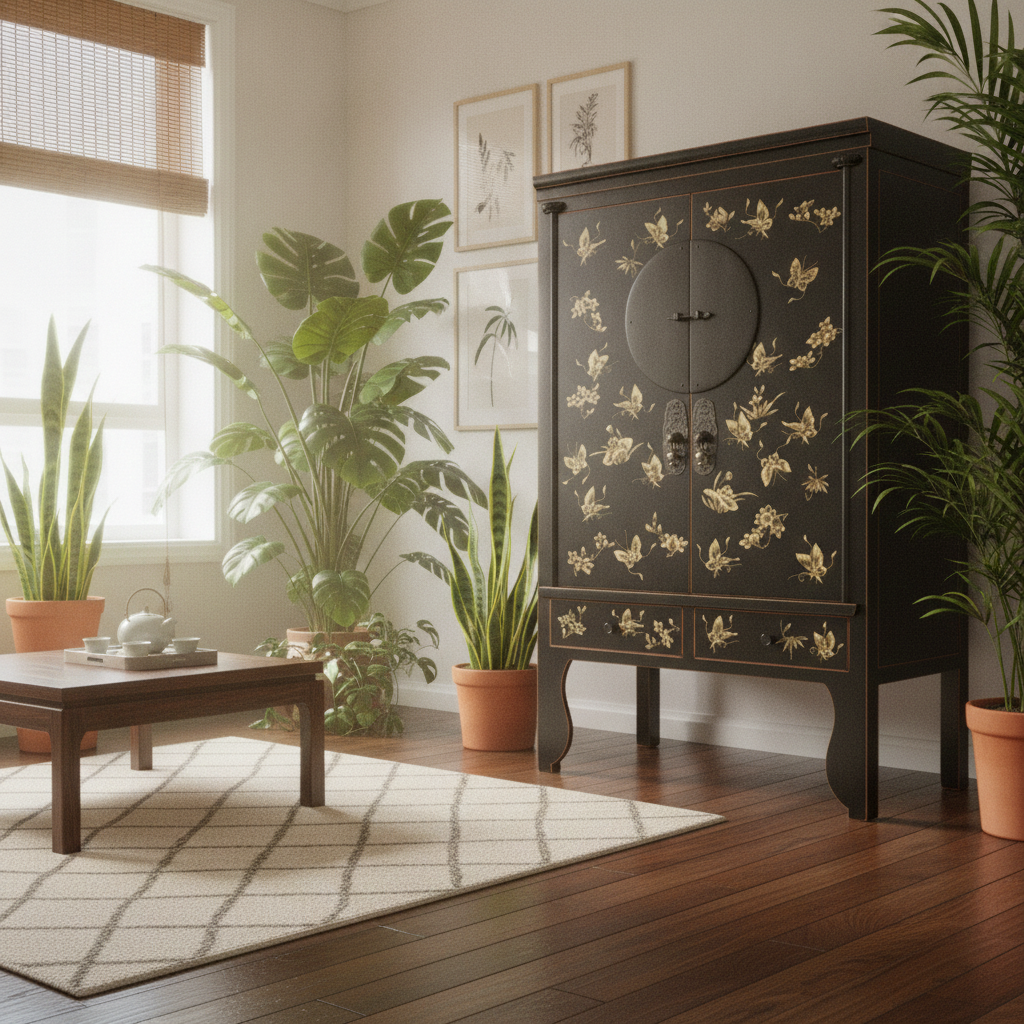Vintage Asian Chinese Cabinet Wedding Cabinet Chest of Drawers Black Decorated - Art. A503/Black