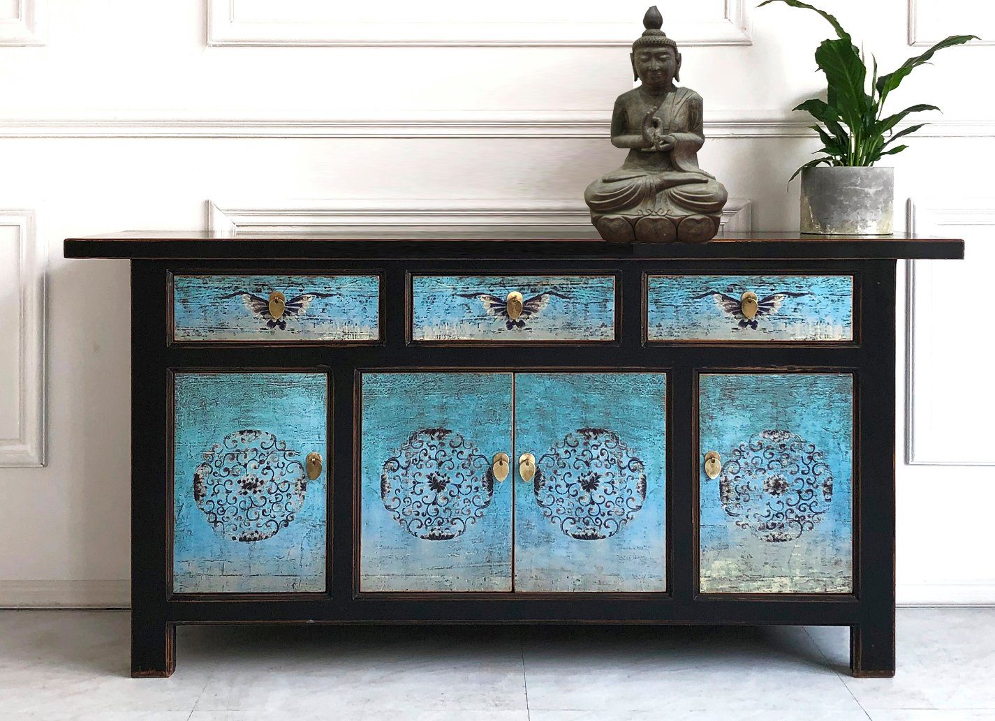 Oriental chest of drawers sideboard turquoise blue - Art. 34372-5