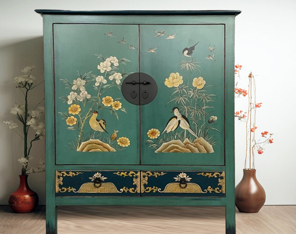 Vintage Asia Exotisches Highboard Schrank Grün Blau - Art. 2025-1