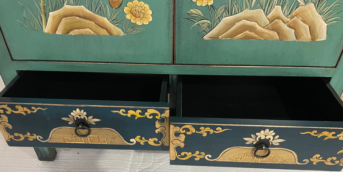 Vintage Asia Exotisches Highboard Schrank Grün Blau - Art. 2025-1