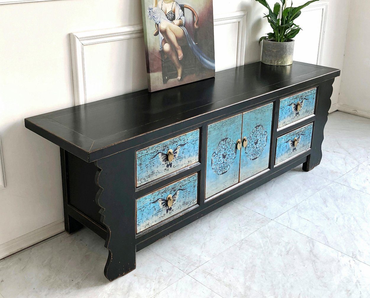 Asian lowboard chest of drawers bench blue-black - Art. 35208-5