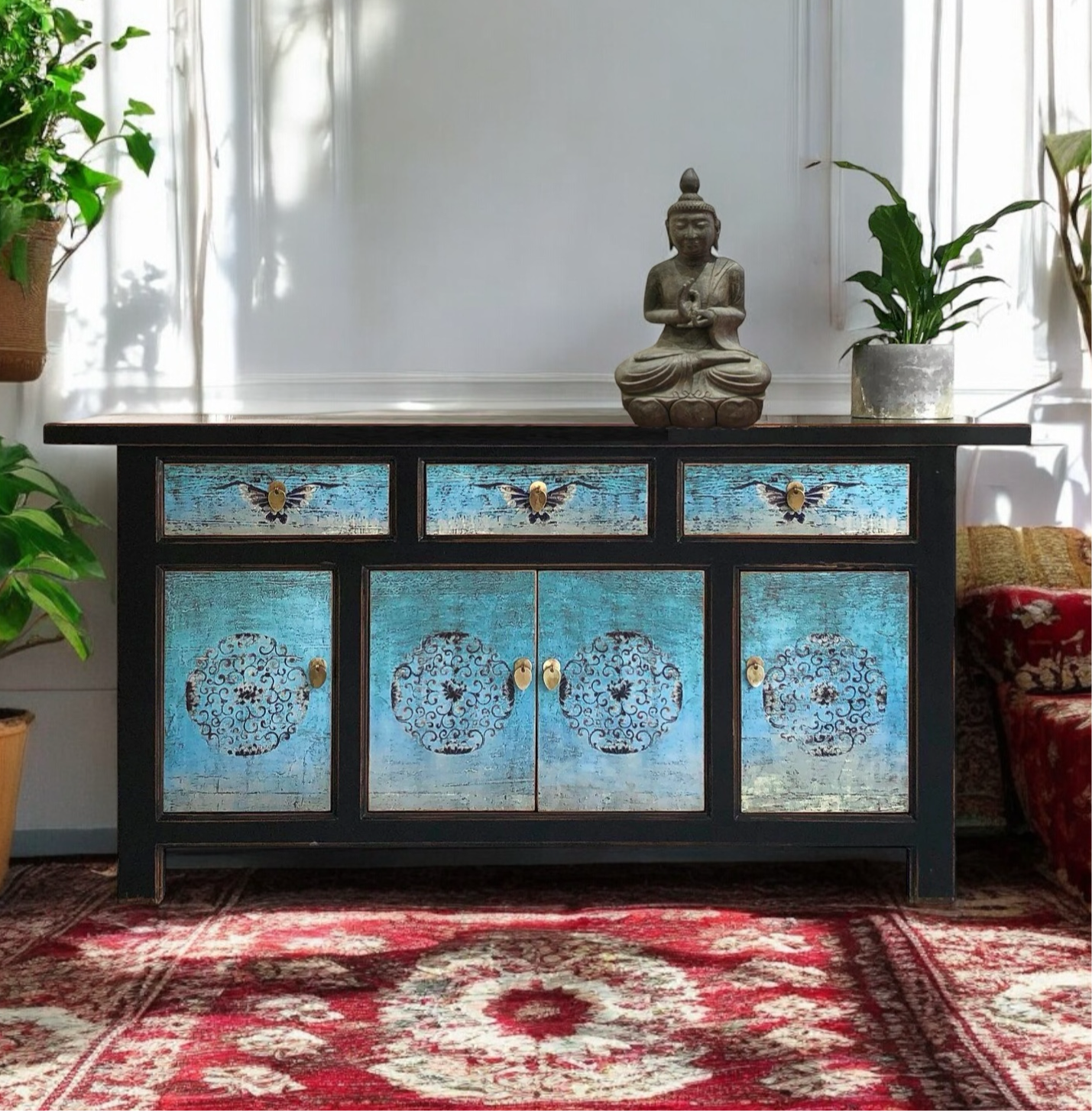 Vintage Asia Orientalische Kommode Sideboard Schrank Türkisblau - Art. 34372-5