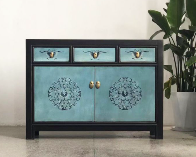 Vintage Asia Chinese Chest of Drawers Sideboard Shelf Turquoise Blue - Art. 33082-8