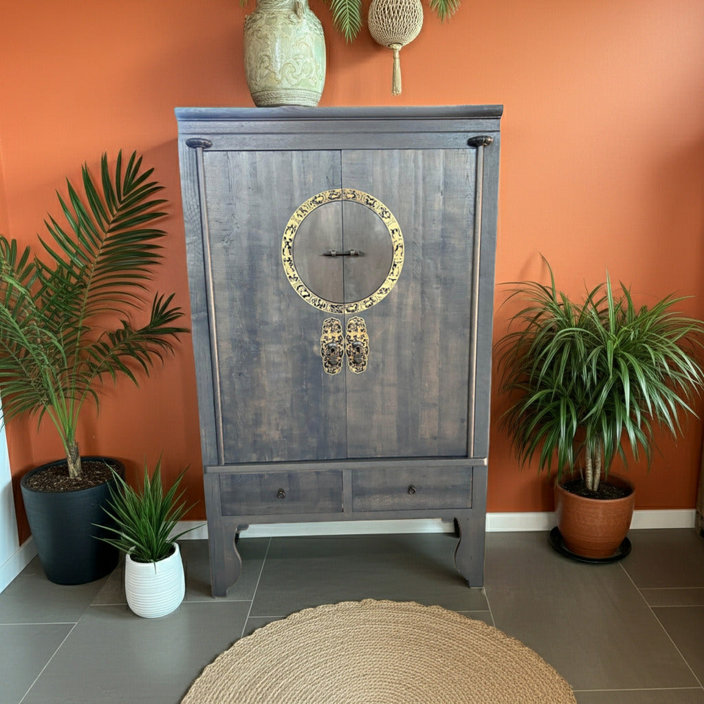 Vintage Asia Chinesischer Schrank Hochzeitsschrank Dunkelgrau- Art. A502/darkgray