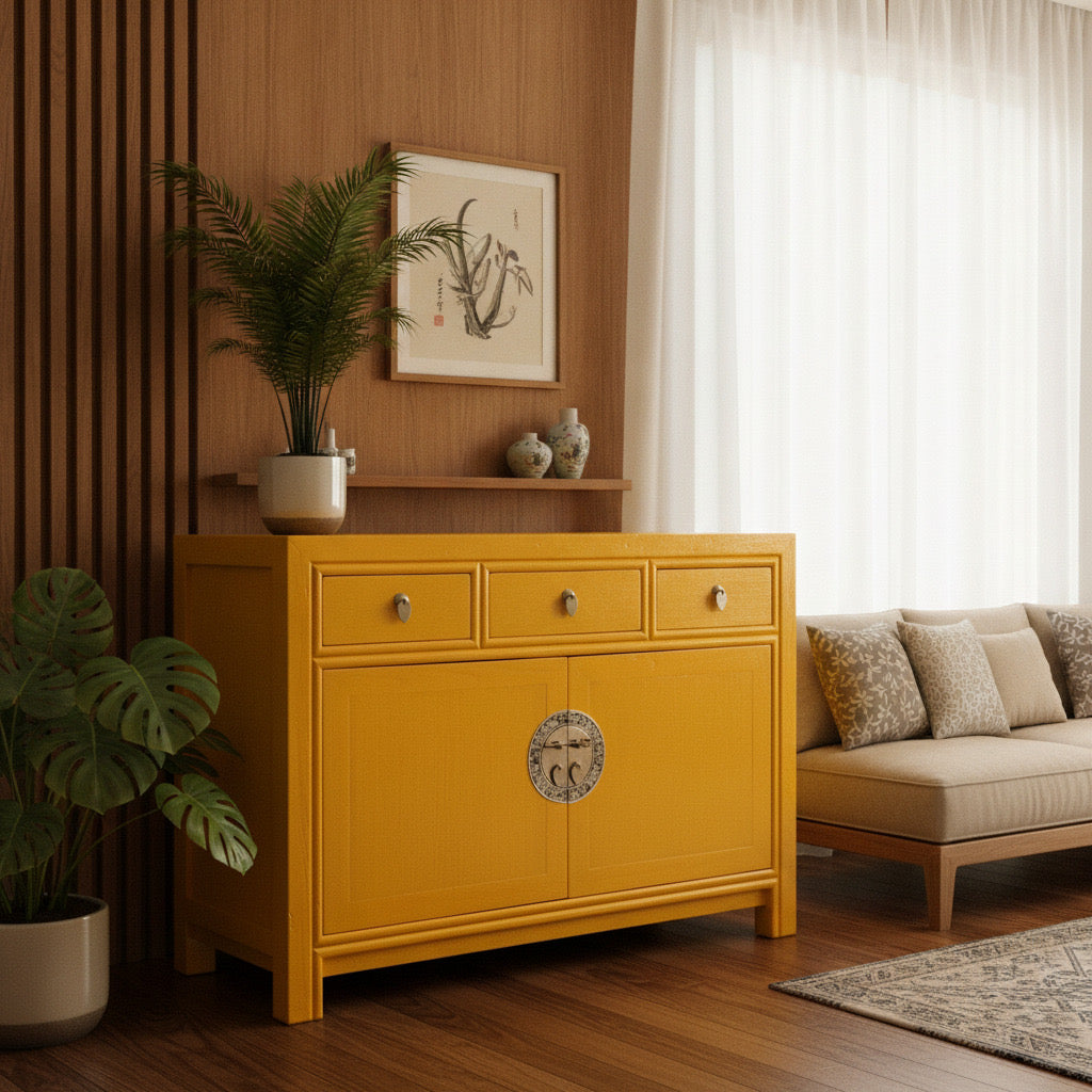 Vintage Asia Chinesische Kommode Sideboard Regal Gelb - Art. 33083-GoldenSun