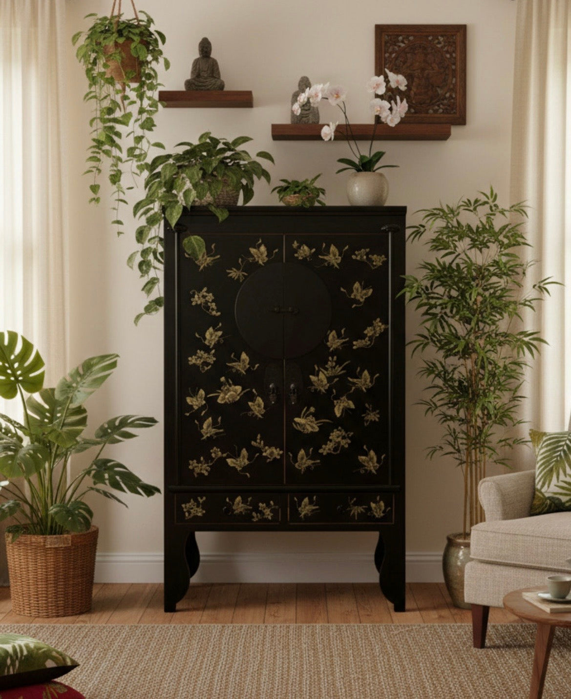 Vintage Asian Chinese Cabinet Wedding Cabinet Chest of Drawers Black Decorated - Art. A503/Black