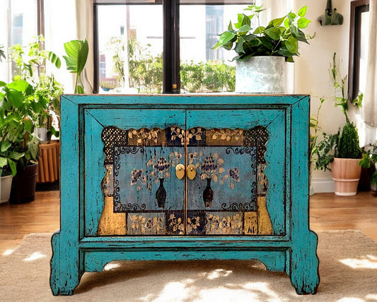 Vintage Asia Asiatische Kommode Sideboard Blau "Oceanflowers" - Art. 34740-5