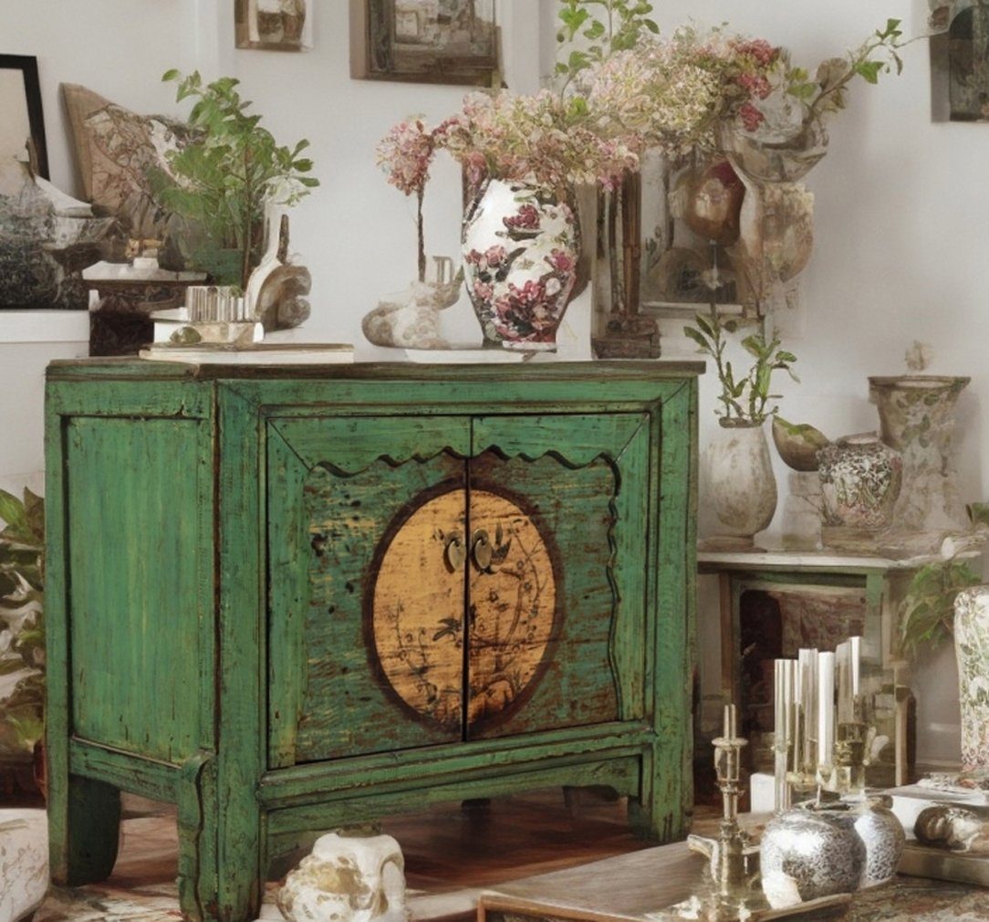 Asian chest of drawers sideboard green "Aurora" - Art. 34740-1