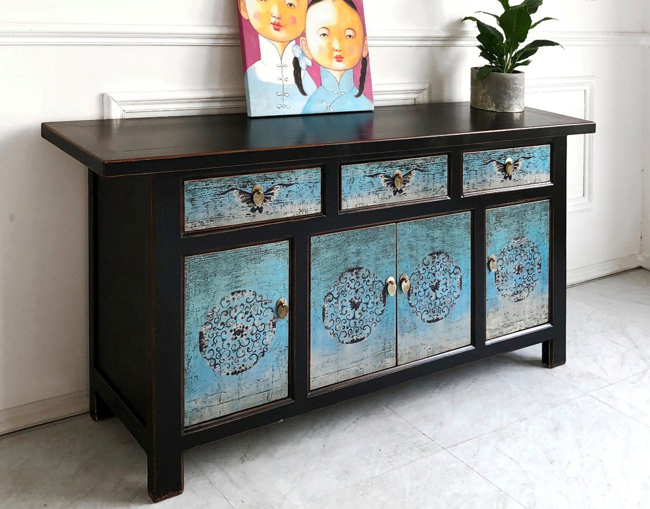 Vintage Asia Oriental Chest of Drawers Sideboard Cabinet Turquoise Blue - Art. 34372-5