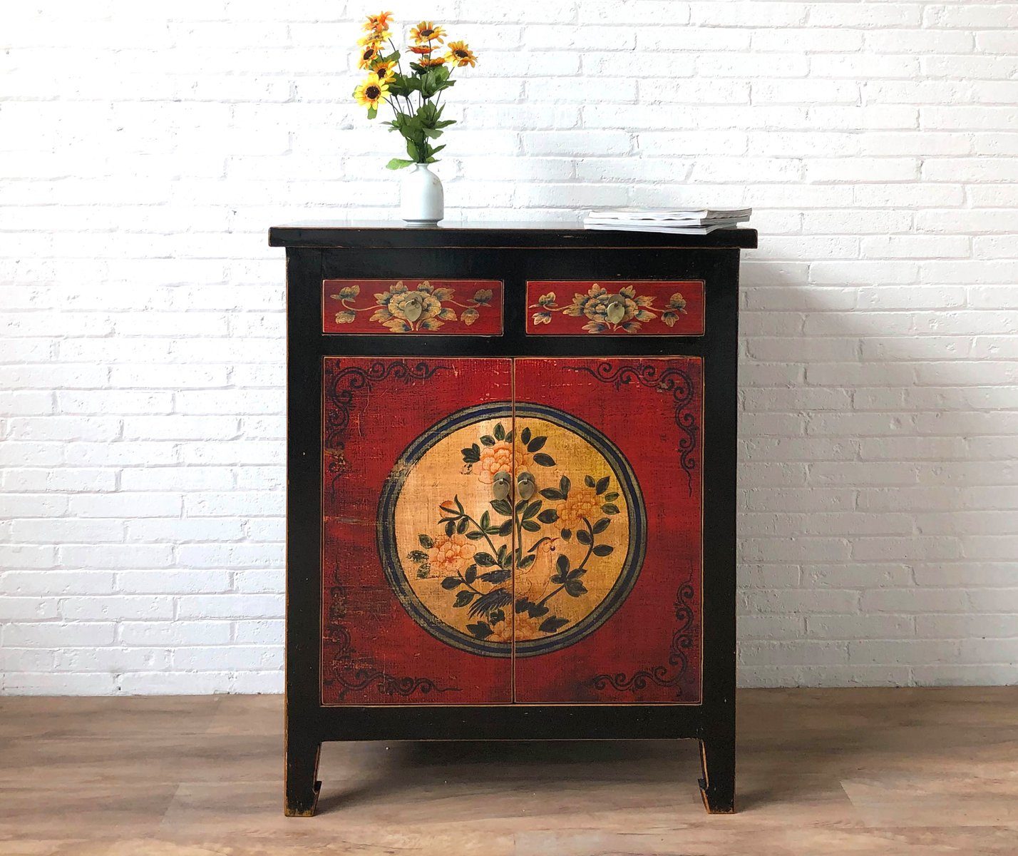 Vintage Asia Chinesisches Highboard Kommode Schrank Rot-Schwarz - Art. 32610-3