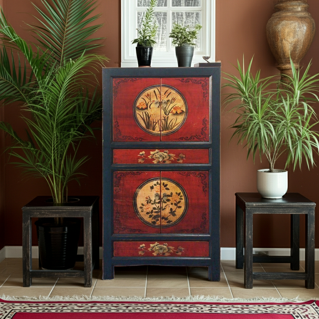 Chinesischer Vintage-Stil Schrank in Rot, Beige und Schwarz