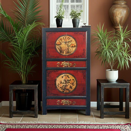 Chinesischer Vintage-Stil Schrank in Rot, Beige und Schwarz