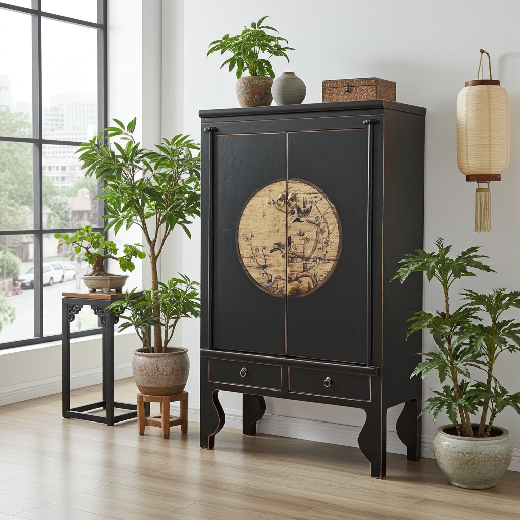 Vintage Asia Chinese Cabinet Wedding Cabinet Chest of Drawers Black-Beige - Art. A600-3