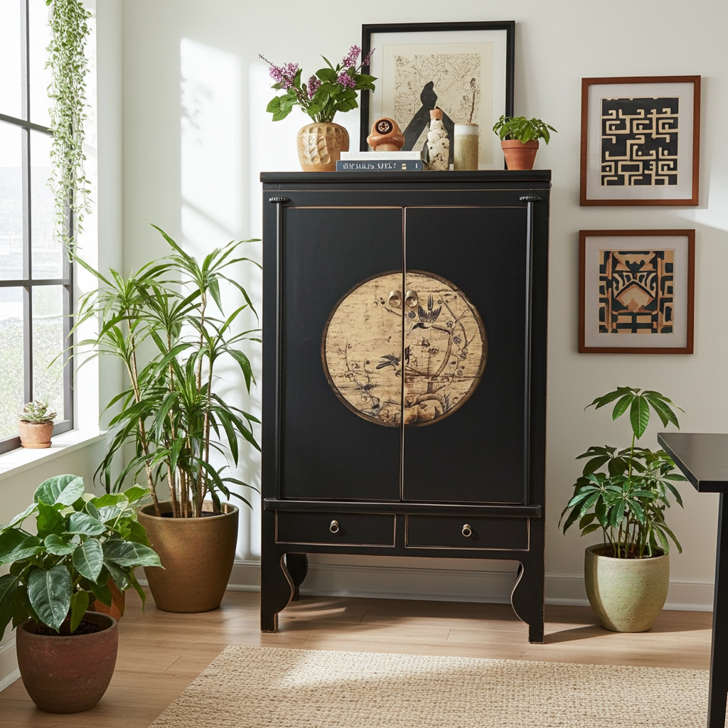 Vintage Asia Chinese Cabinet Wedding Cabinet Chest of Drawers Black-Beige - Art. A600-3