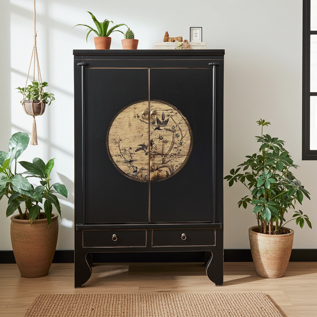 Vintage Asia Chinese Cabinet Wedding Cabinet Chest of Drawers Black-Beige - Art. A600-3