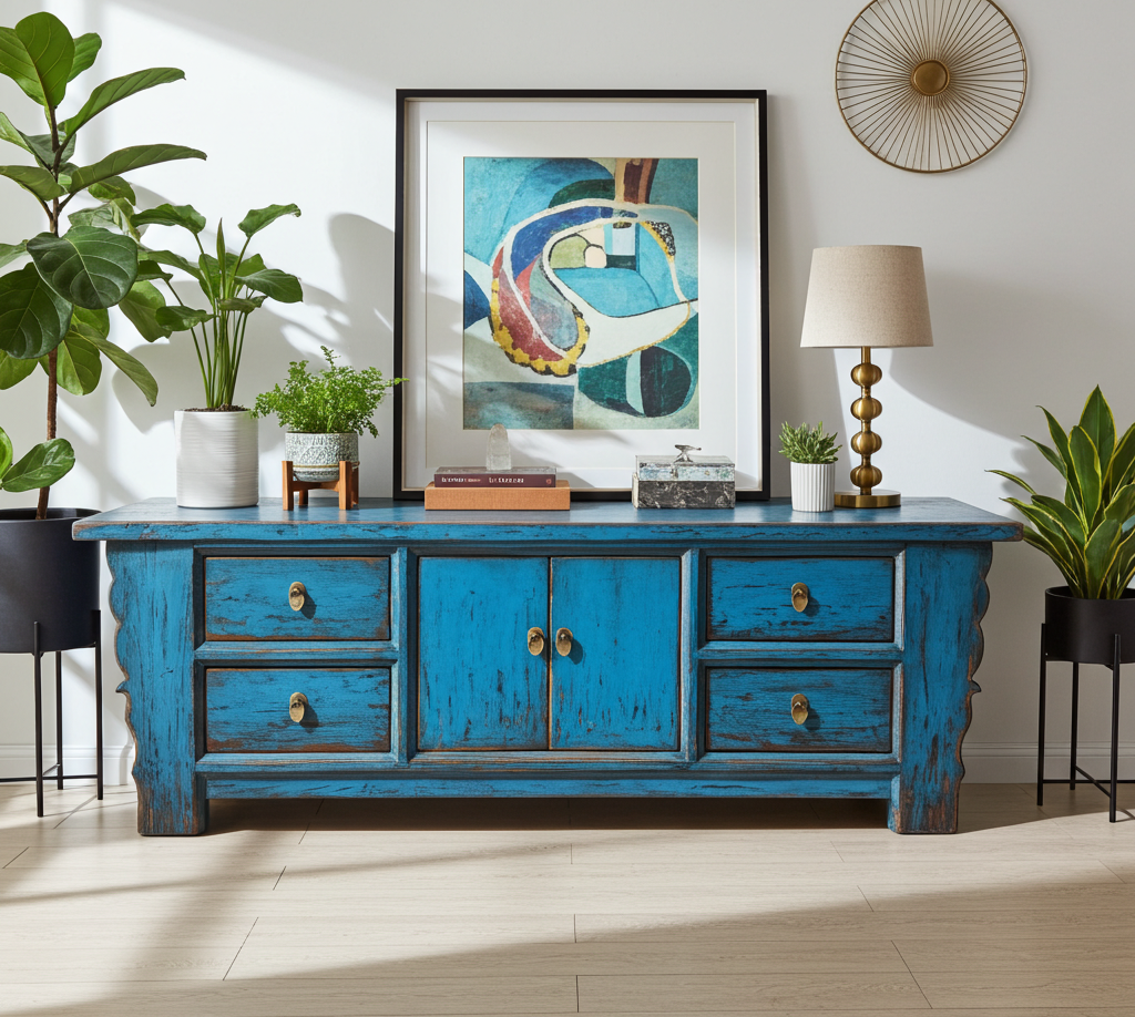 Vintage Asia Asiatisches Lowboard Kommode Bank Blau - Art. 35208-1